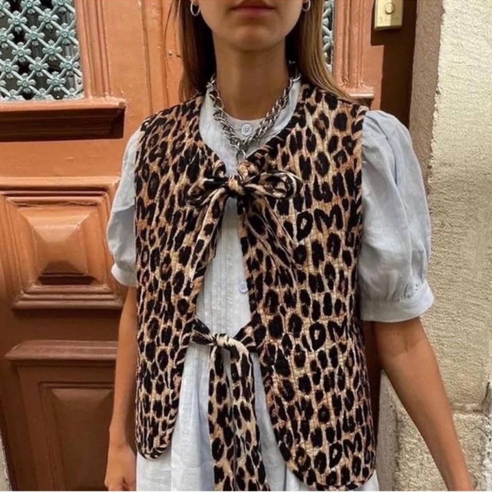 Leopard Print Tie-Front Vest - Brown